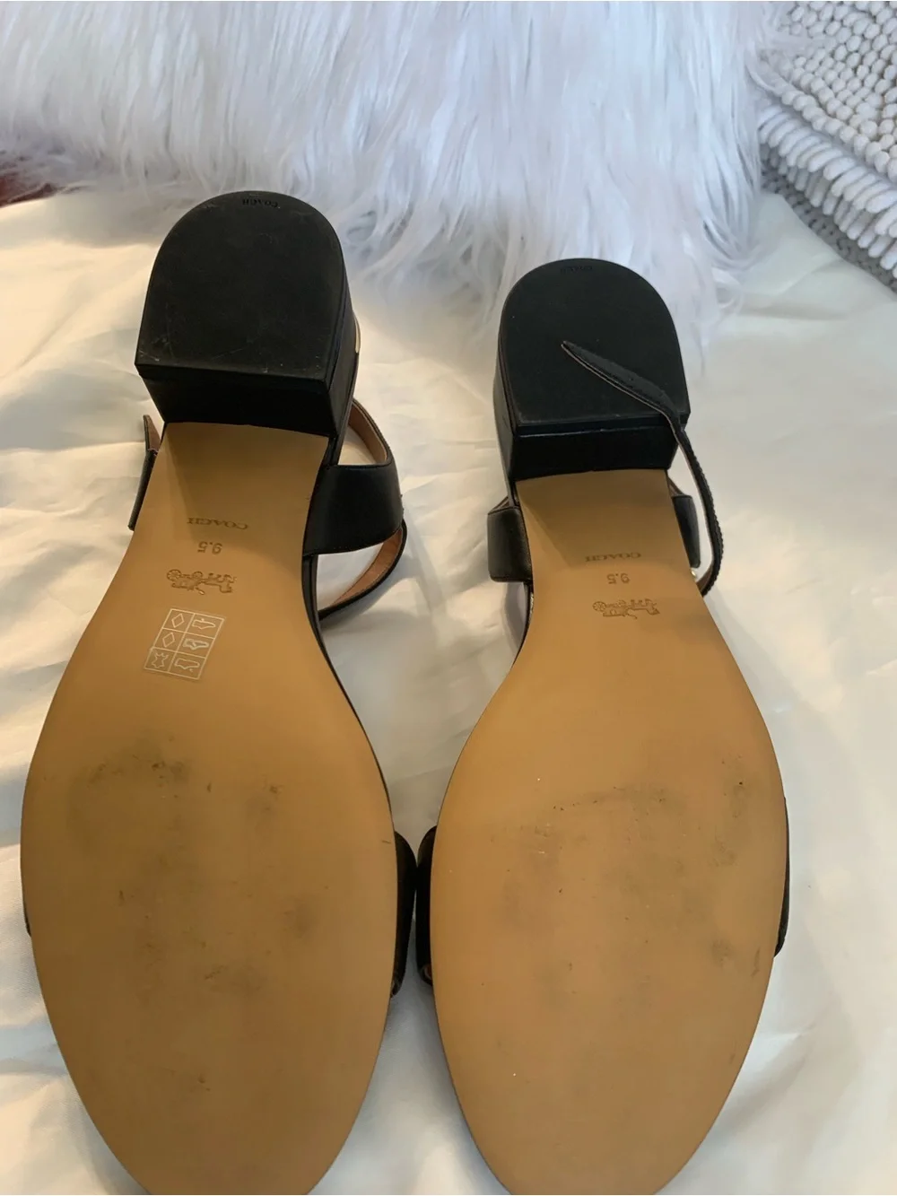 NWOT. Coach smooth leather, black sandals. Gold hardware.